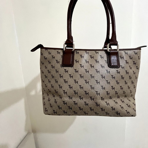 Tommy Hilfiger Monogram Jacquard Canvas Shoulder Bag used, beige/brown