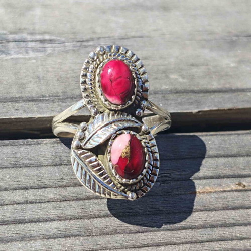 Silver ring with Red Rose Dahlia composite stone, new