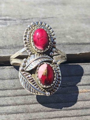Silver ring with Red Rose Dahlia composite stone, new