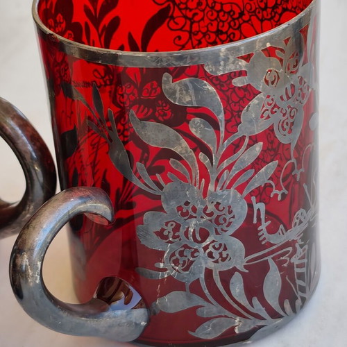 Red glass cups with hunting motif and carved scenes, silver, set of 3 used