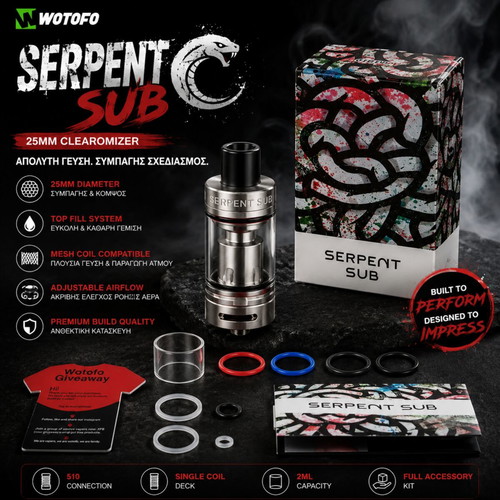 Wotofo Serpent Sub 25mm Clearomizer new, 5ml capacity