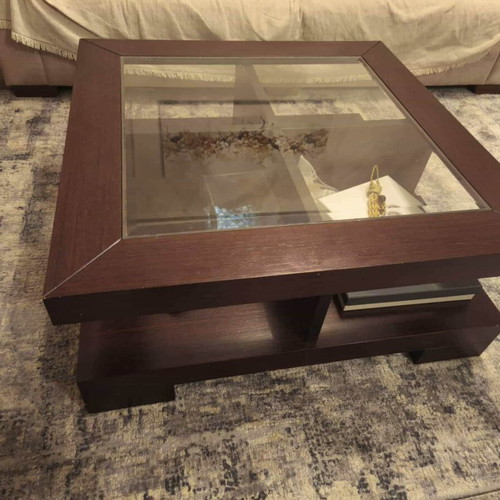 Living room table used, dark wood with square glass top