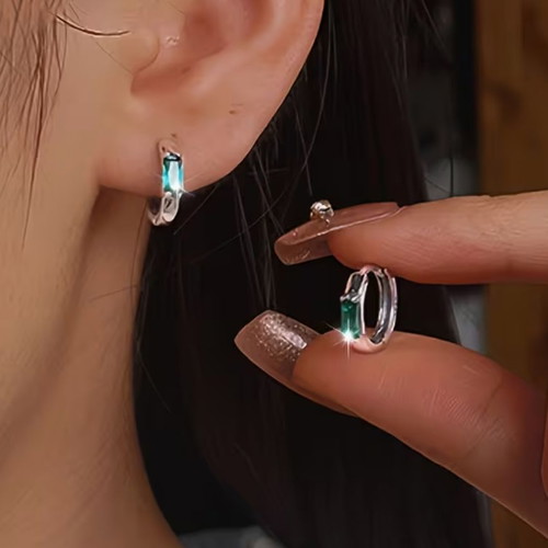 925 Silver Hoop Earrings with Green Stone New