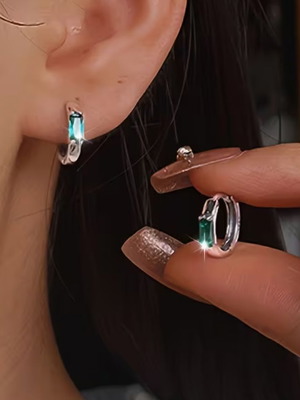 925 Silver Hoop Earrings with Green Stone New