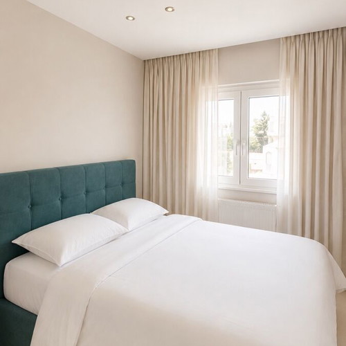 Dark Blue Upholstered Bed with Mattress