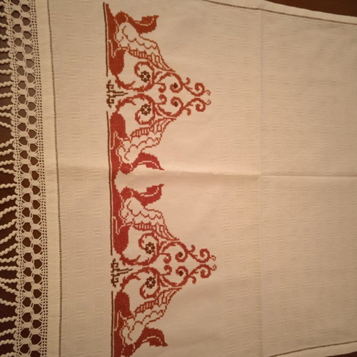 Handmade white embroidered table runner tzevres in terracotta-brown shades