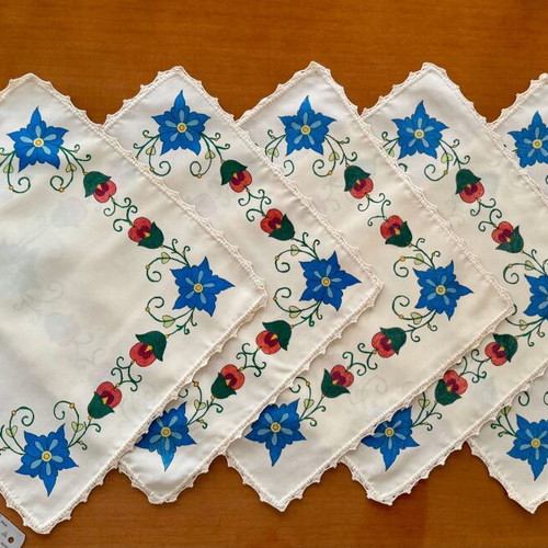 Handmade Vogart Painted Table Linens with Lace, Set of 5, New
