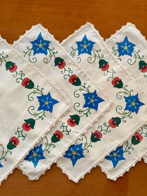 Handmade Vogart Painted Table Linens with Lace, Set of 5, New