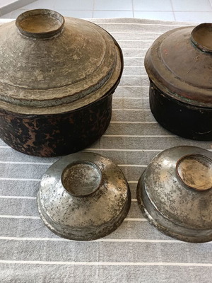 Copper pots used, pack of 3 with lids and tongs