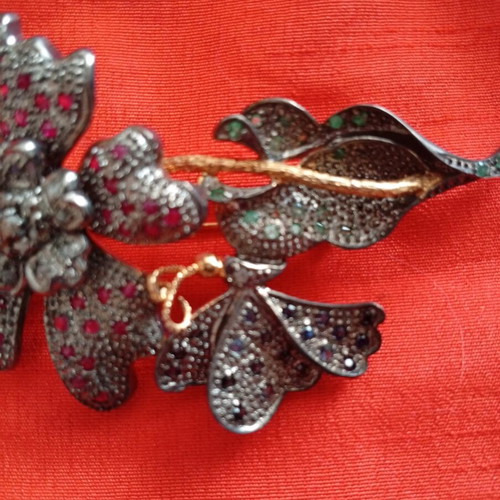 Antique camellia brooch with butterfly, 9k gold and 925 silver