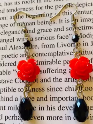 Boho handmade earrings with red roses and black beads, stainless steel