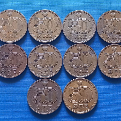 Denmark 50 ore coins lot of 8 like new (1989-2007)