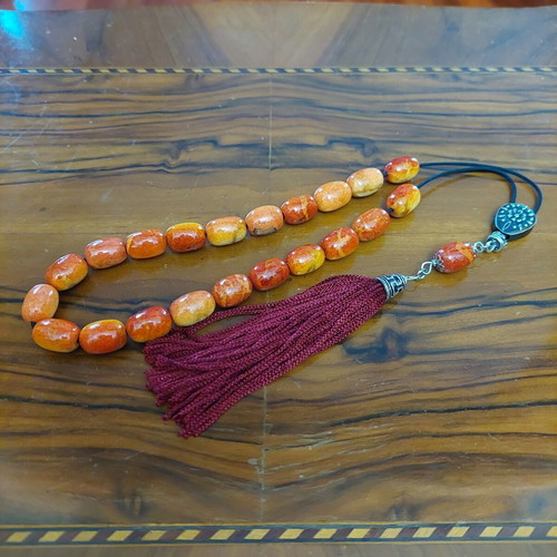 Worry beads from red coral root like new with 21+1 beads and silver elements