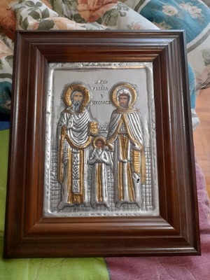Religious icon gilded and silvered with glass, Saints Raphael and Nicholas new