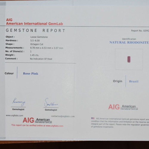 Natural Rhodonite 1.45 Carats with Certificate like new