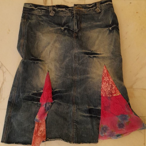 Jeans skirt with pink lace, worn, size approximately M