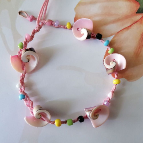 Handmade anklet new with natural shells, pink waxed thread and colorful beads