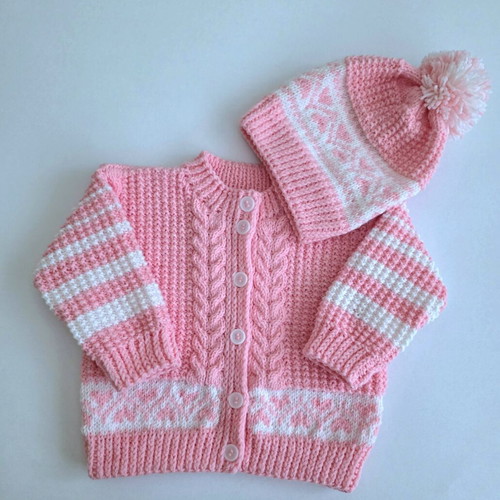 Knitted Baby Set 3 Pieces Handmade, Size 6-14 Months, Pink and White