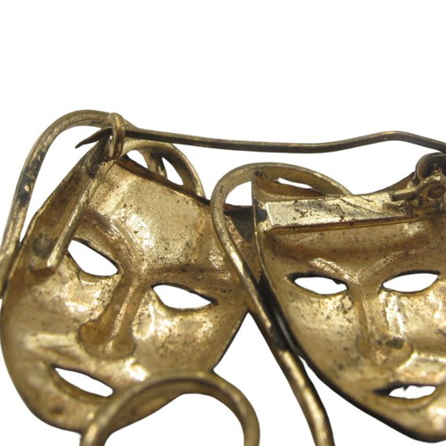 Vintage brass brooch with comedy and tragedy masks, 1950–1960