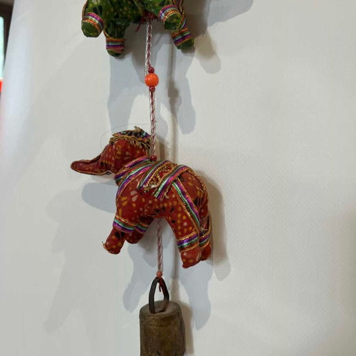 Vintage Namaste Corfu hanging decoration with fabric elephants and bell used