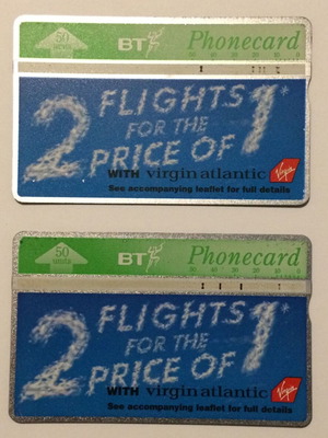 Virgin Atlantic England phonecards used, set of 2 magnetic