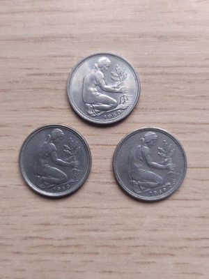 50 Pfennig coin used, 3 coins 1950-1980, Germany