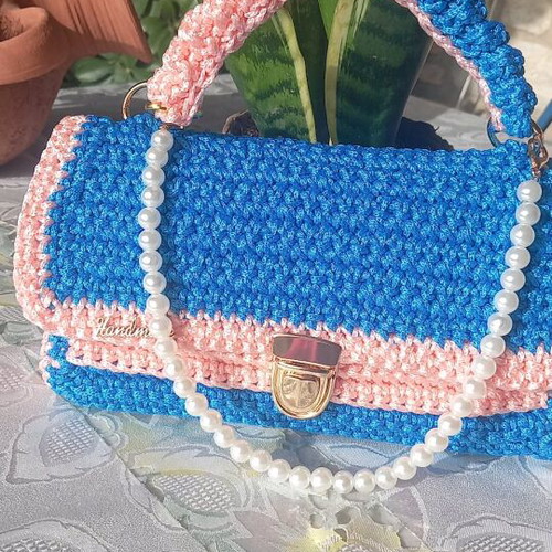 Handmade knitted women's bag blue and pink with pearl chain and metal clasp new