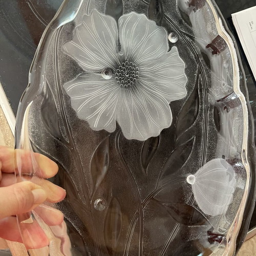 Vintage glass platter leaf-shaped with satin flowers XL used