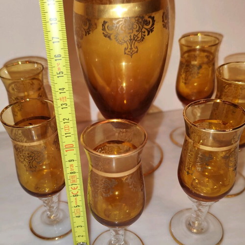 Liqueur set used, decanter with stopper and 6 glasses, antique 1930