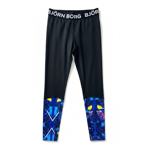 Björn Borg Hydro-Pro sports leggings, black with blue floral print, size 40