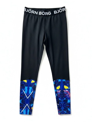 Björn Borg Hydro-Pro sports leggings, black with blue floral print, size 40