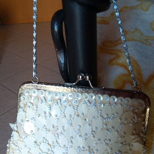 Handmade vintage bag used with chain, embroidered leaves and beads