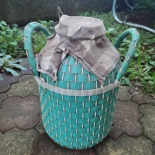 Glass demijohn with plastic wicker used, about 9-10 liters