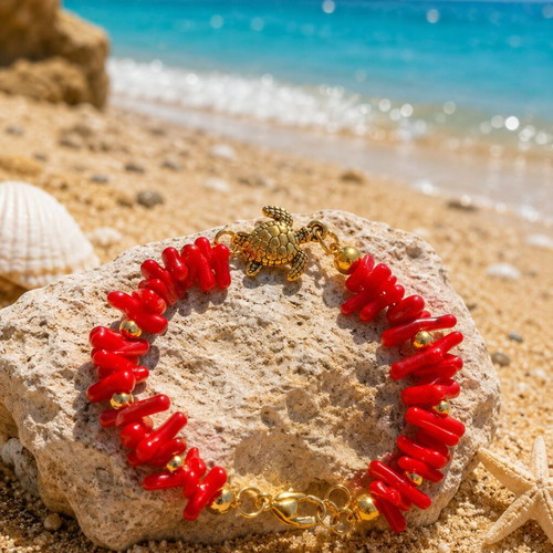 Handmade Bracelet with Semi-Precious Stones Coral and Hematite