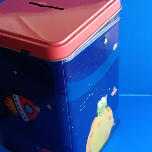 Space-themed pencil case and stickers new, includes metal piggy bank