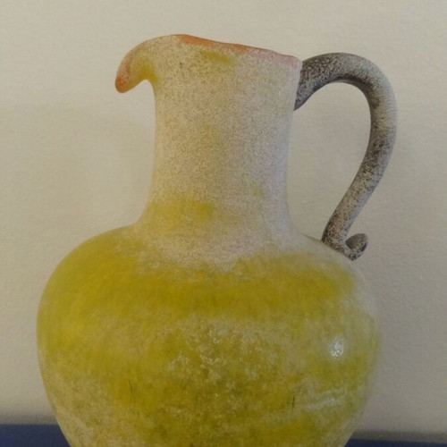 Vintage yellow blown glass vase jug with scavo texture 1980s