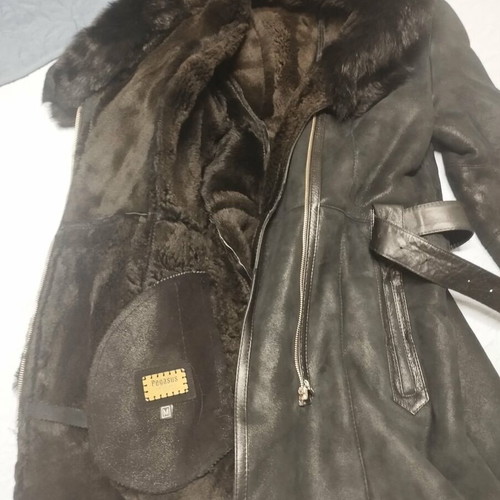 Long leather jacket Pegasus Leather &Fur with fur hood, new, size M, black