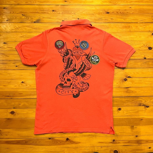 Ed Hardy men's orange polo shirt used with skull backprint