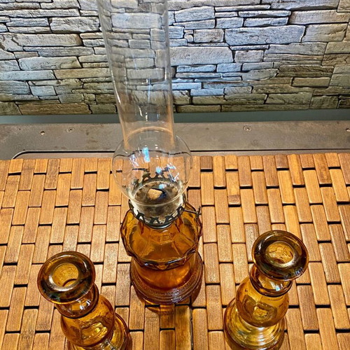 Kerosene lamp and 2 candlesticks set used, French vintage