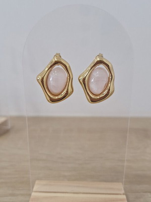 Ατσαλινα ανοξείδωτα σκουλαρίκια με ροζ χαλαζία και χρυσαφί λεπτομέρειες, καινούργια