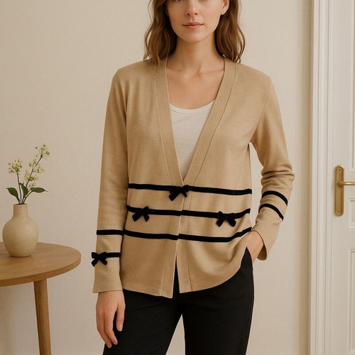 Beige Oaks cardigan with black velvet bows like new