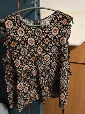 Viscose top with ethnic pattern, like new, size large, black and brown