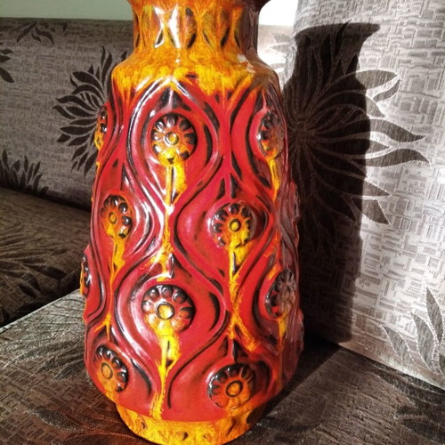 Vintage vase West Germany used, ceramic embossed orange-red