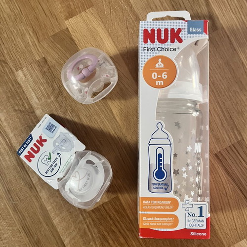 Nuk glass baby bottle and two pacifiers new