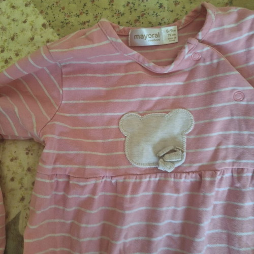 Mayoral baby romper 6-9 months pink with white stripes and bears