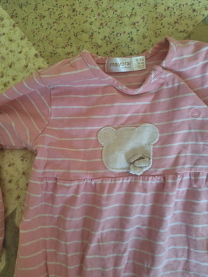 Mayoral baby romper 6-9 months pink with white stripes and bears
