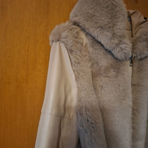 Women's Jacket with Faux Fur and Leatherette Sleeves, Like New, Beige