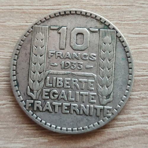 10 Francs 1933 silver (.680) coin used, France
