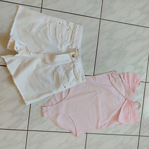 Zara pink bodysuit and white denim shorts set