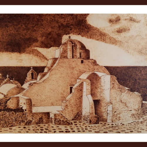 Mykonos Landscape Pyrography Painting on Linden Wood new